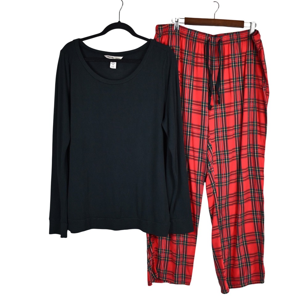 Victorias Secret Pajamas Set XL Tall Long Red Black Plaid Lounge Flannel Sleep